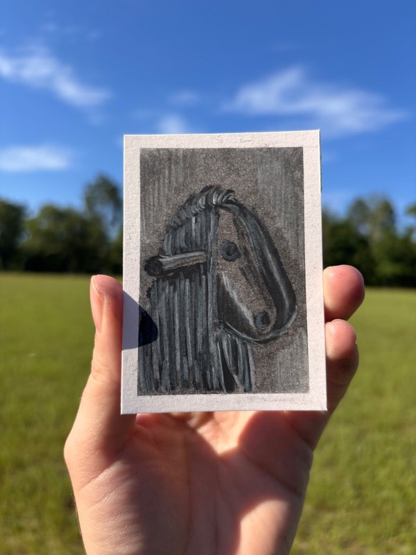 aceo original art, charcoal drawing, wooden toy rocking horse