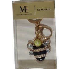 ME Modern Expressions Keychain, 3D Bee Bug Charm, Rhinestone & Enamel, Gold Tone