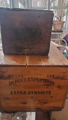 Pair of antique Dynamite Crates with Lids. Dupont Extra Dynamite, Atlas Powder