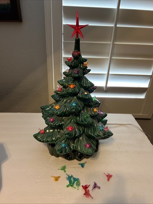 Vintage Ceramic Christmas Tree With Birds 17 In. Tall Multi Colored Complete