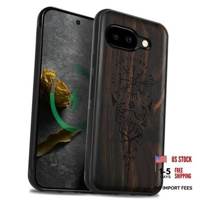 Magnetic Wooden Case for Google Pixel 9a Case, Wood Viking Compass-Black