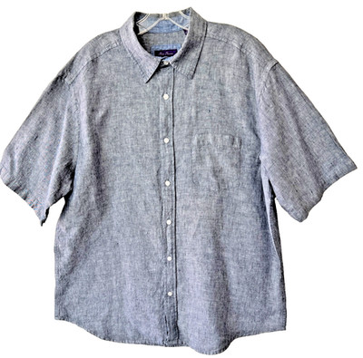 Alan Flusser Men's 100% Linen Button Front Shirt XXL Navy Blue Short Sleeve