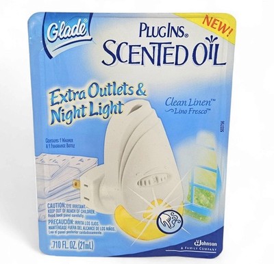 NEW Glade PlugIns Scented Oil Extra Outlet & Night Light Clean Linen 2005 21mL