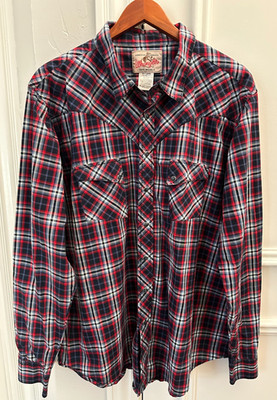 Wrangler Men's Plaid Western Pearl Snap Shirt 2XLT Long Sleeve Navy Red