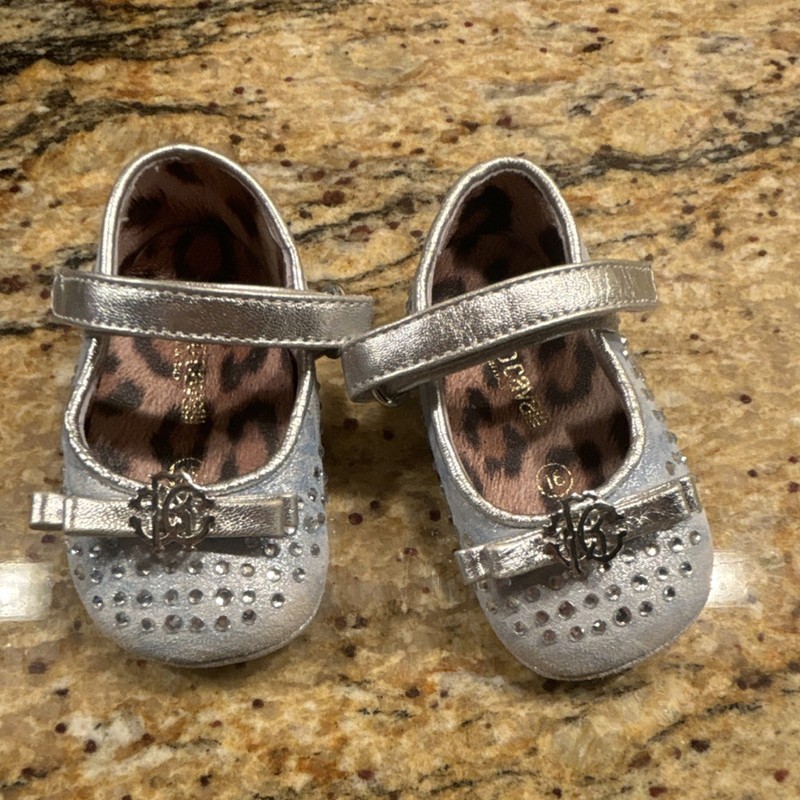 Roberto Cavalli Mary Jane Silver Bow Rhinestone Hook & Loop Baby Dress Shoes