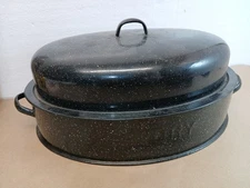  Savory Roasting Pan Black Enamel Roaster W/Lid Double Wall Large 16" Vintage