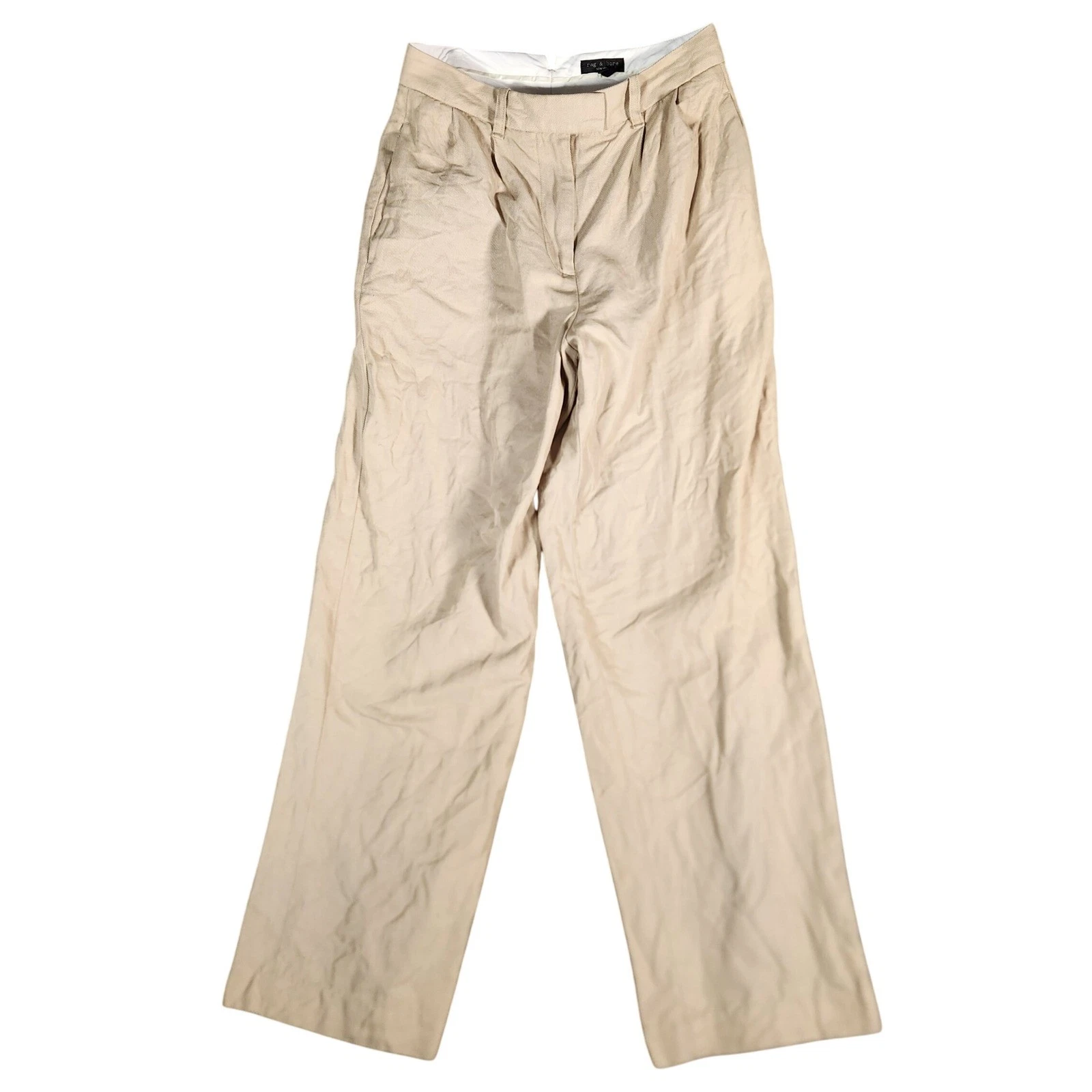Rag & Bone Pants Women's Size 2 Beige Tan Linen Blend Pleated Wide Leg NEW YORK