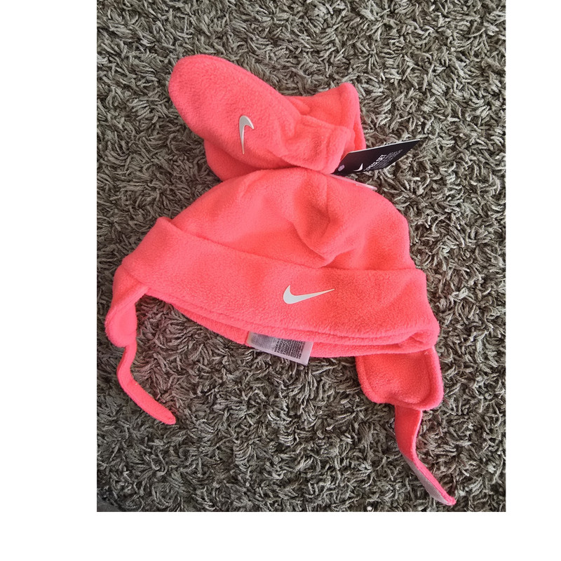 Nike Infant Pink Fleece Ear Flap Hat & Mittens Set Winter Unisex Polyester