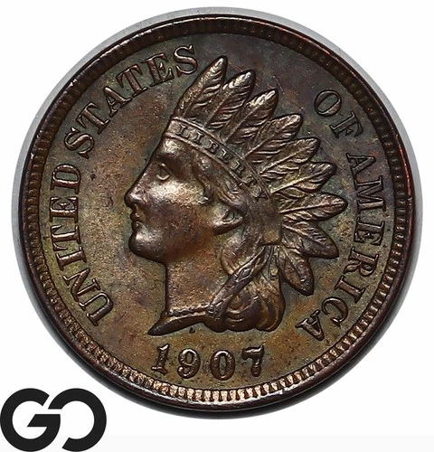 1907 Indian Head Cent Penny, 4 Full Diamonds, Gem BU++ Some Red