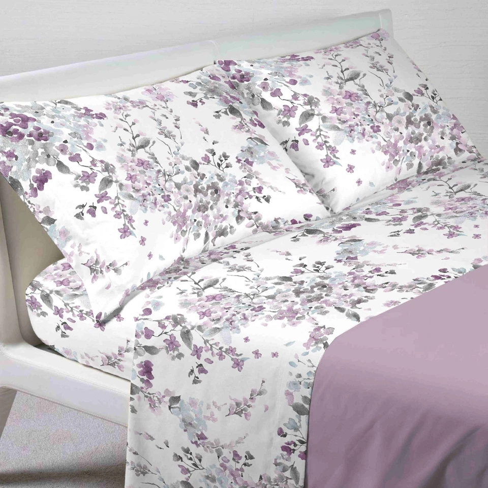 Completo Lenzuola Set Flanella Fiori Glicine Acquarello 100%Cotone Made in Italy - Immagine 3 di 4