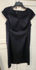 Ann Taylor 12P Navy Blue Pinstripe Sheath Dress Cap Sleeve V Neck Office Fall