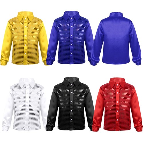 US Kid Sequins Hip-hop Collar Shirt Long Sleeve Disco Tops for Jazz Street Dance - Bild 3 von 21
