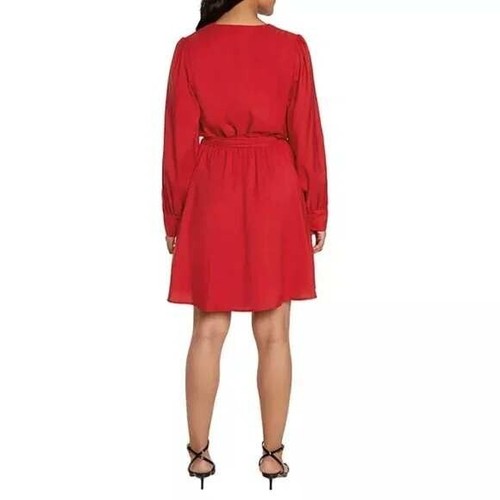 Express rotes Wickelkleid Langarm Fit & Flare V-Ausschnitt Schärpe Gürtel Mini Gr. M /#5381 - Bild 3 von 4
