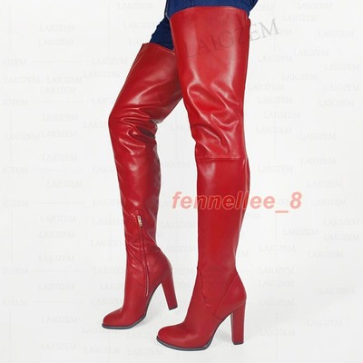 Women Thigh High Boots Faux Leather Thick Heels Over Knee