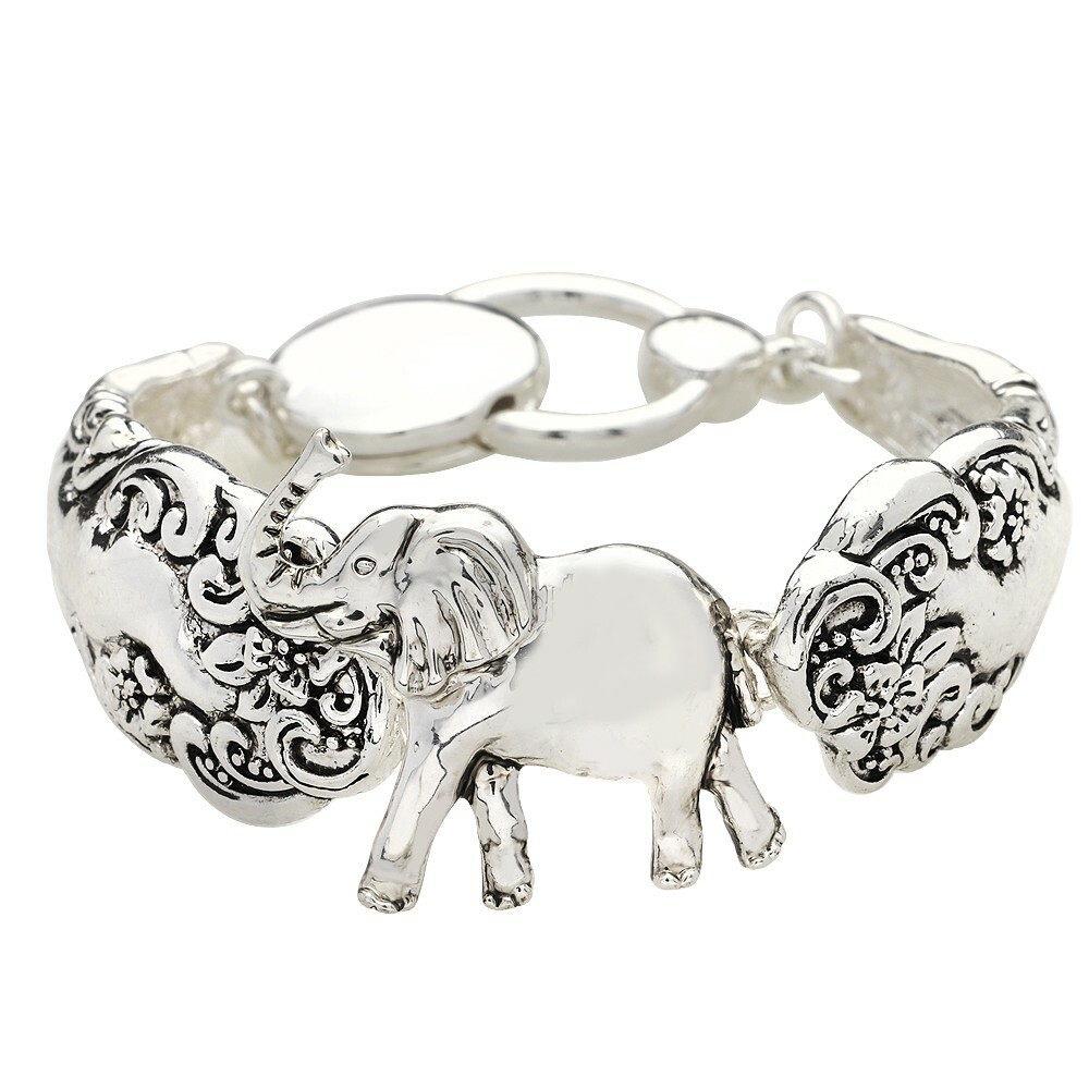 Elephant Bracelet Chain Link Magnetic Clasp Spoon Metal Filigree Swirl  SILVER - Main Image