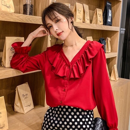 Lady Ruffle Frill Blouse Shirt V Neck Long Sleeve Tops Retro Style Lolita Office - Picture 2 of 13