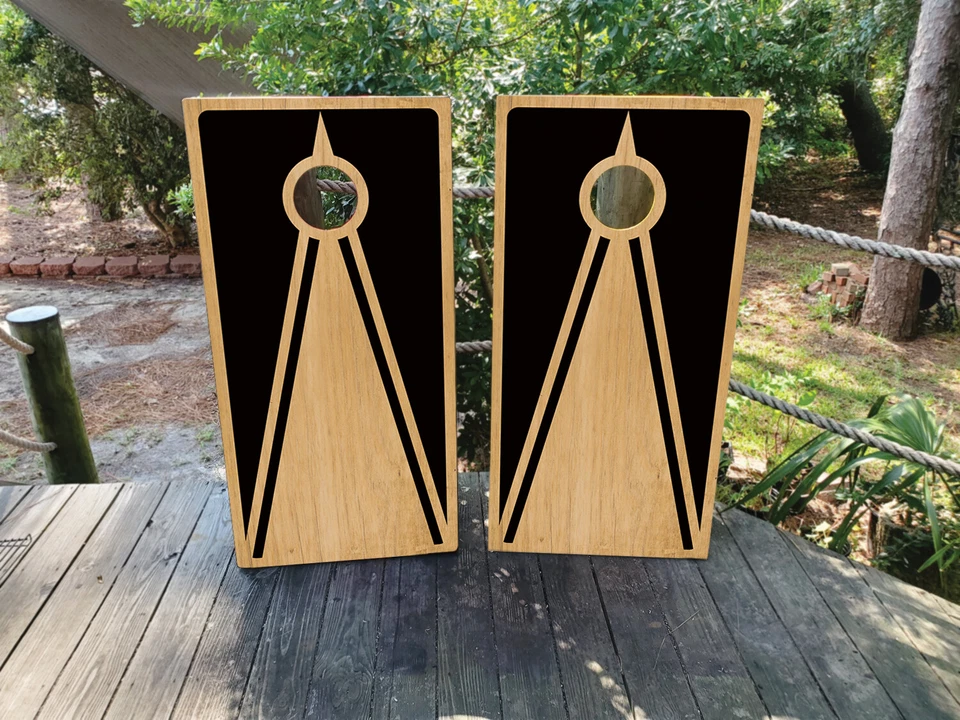 FADEPROOF Cornhole Board Wraps Laminated / Black Wood Grain Triangle - Image 1 of 4