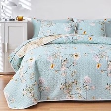 3 Pieces Reversible Floral Quilt Set Aqua, Microfiber Soft Quilt, Elegant Flower