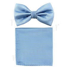New formal Men's polyester pre-tied bow tie hankie horizontal stripes light blue