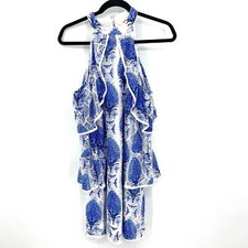 ENTRO Blue White Lace Boho High Neck Cold Shoulder Ruffle Sleeve Dress Small