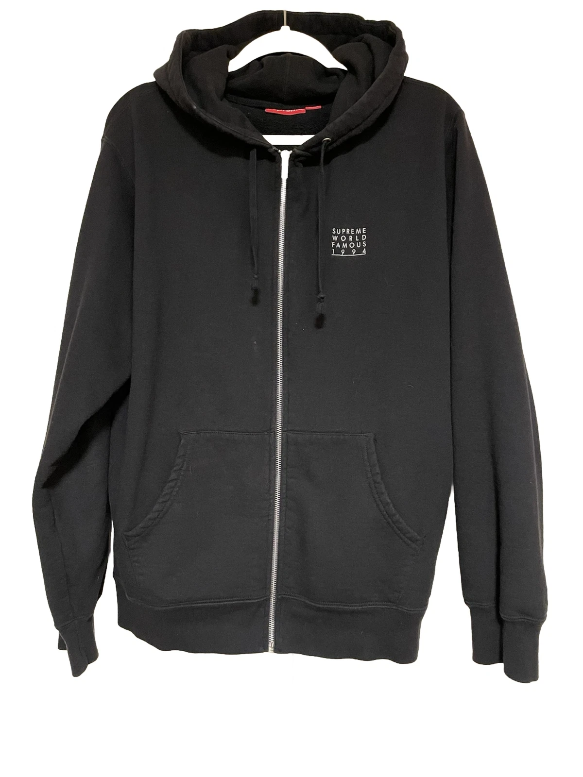 Sweat à capuche zippé SS18 Supreme World Famous noir grand