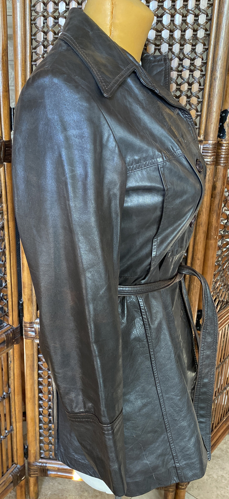 Vintage 70s Retro Genuine Leather Long Jacket Belted … Gem