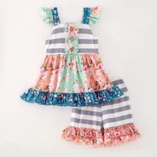 NEW Boutique Floral Tunic Dress & Ruffle Shorts Girls Outfit Set