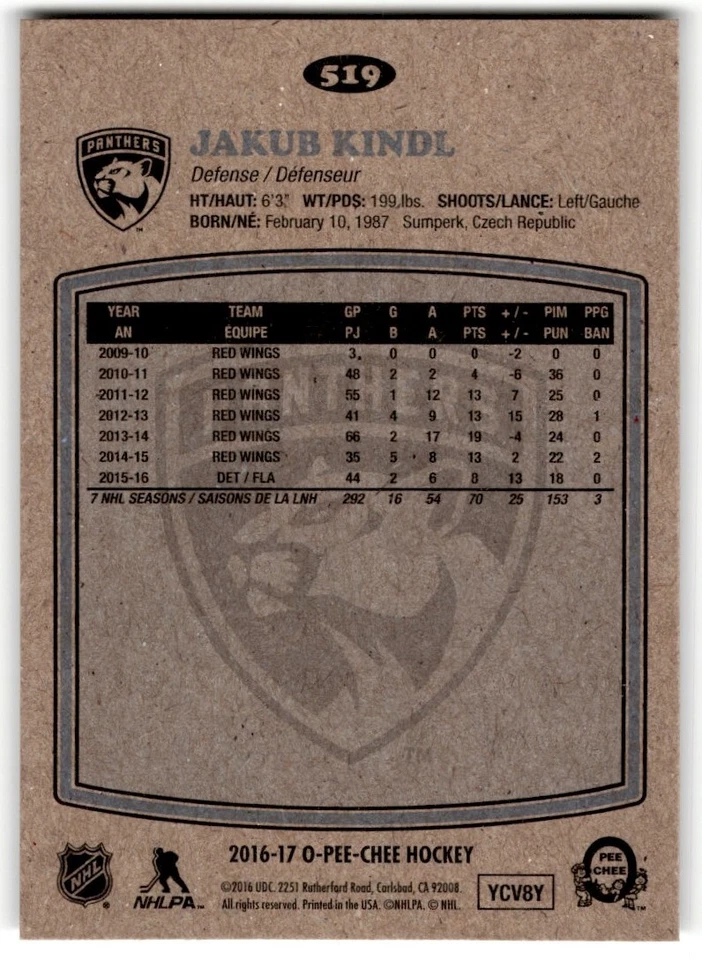 2016-17 O-Pee-Chee Retro Jakub Kindl #519 Florida Panthers - Image 2 of 2
