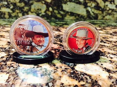 JOHN WAYNE 24KT GOLD JFK HALF DOLLAR & IOWA QUARTER 2 COIN SET W/H COA & STANDS!