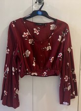 Cropped Burgundy Floral, Wide Sleeved Top NZ Size 8 (8-10)