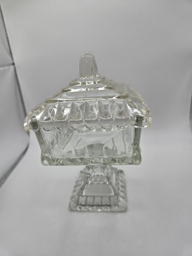 Vintage Jeannette Glass Covered Pedestal Wedding Box Candy Dish 1960's