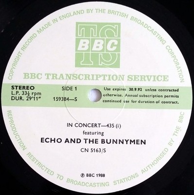 Echo & The Bunnymen - In Concert-435 LP 1988 BBC Transcription Disc VG+/