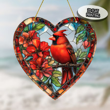 Red Cardinal Heart Hanging Decor Bird Suncatcher Window Wall Art Home Decor