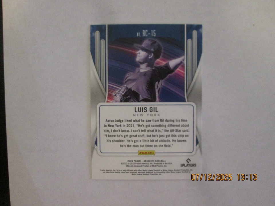 LUIS GIL YANKEES 2022 PANINI ABSOLUTE ROOKIE CLASS #RC-15 FREE SHIPPING - Image 2 of 2