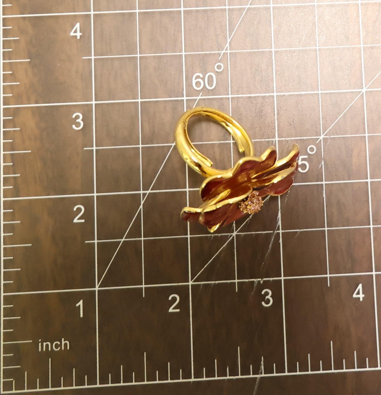 Kenneth Jay Lane ring Gold Blush enamel flower pink crystals goldtone adjustable