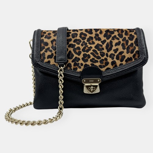 Saba Black & Brown Animal Print Leather Chain Strap Crossbody Bag
