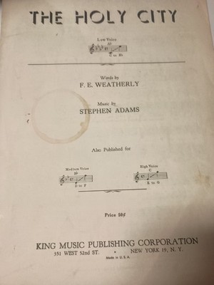 The Holy City, Low Voice  Vintage Sheet Music F. E. Weatherly 1949 N2