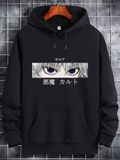 Men'S Black Anime Graphic Hoodie - Soft Polyester Blend, Casual Long Sleeve Pull