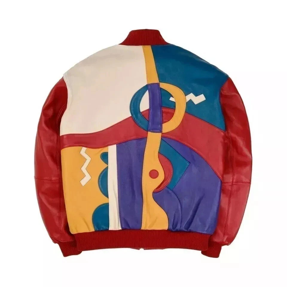 Chaqueta de bombardero estilo abstracto de felpa para hombre - hecha a mano cuero de vaca real Foto 2 de 4