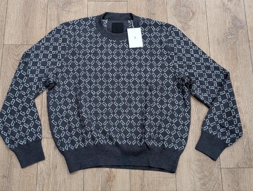 $1550 Mens GIVENCHY G Patterned Wool Blend Crew Neck Sweater Medium Gray 2XL