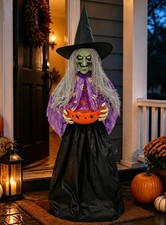 Halloween Witch Animatronic with Candy Bowl, Moving Head & Mouth, Sound Purple