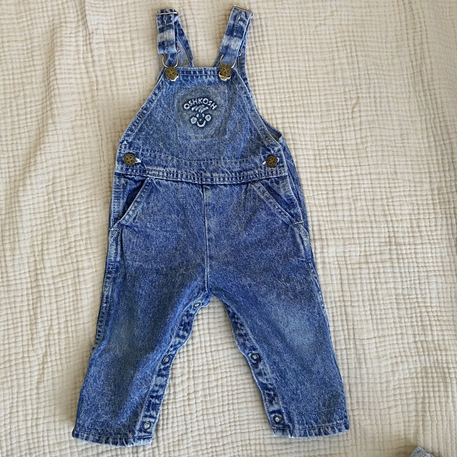 Vtg 80s Oshkosh Acid Wash Denim Overalls Size 18mo Classic Retro Country Blue