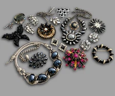 Vintage Black Rhinestone Repair Jewelry Lot, Signed Coro Brooch Selro Juliana