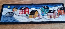 Vtg Latch Hook Yarn Cottage Houses Water Wharf Shag Rug Wall Hanging Or Sm Rug