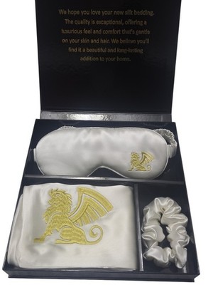 Hergestellt aus 100 % Maulbeerseide Kissenbezug Augenmaske Haargummi Geschenkbox SCHLAFSET