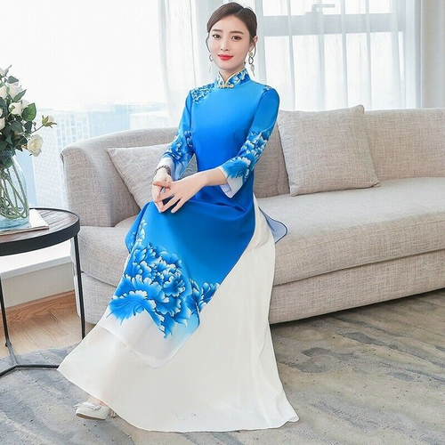 Lady Cheongsam Qipao Long Dress Floral Mandarin Collar Ethnic