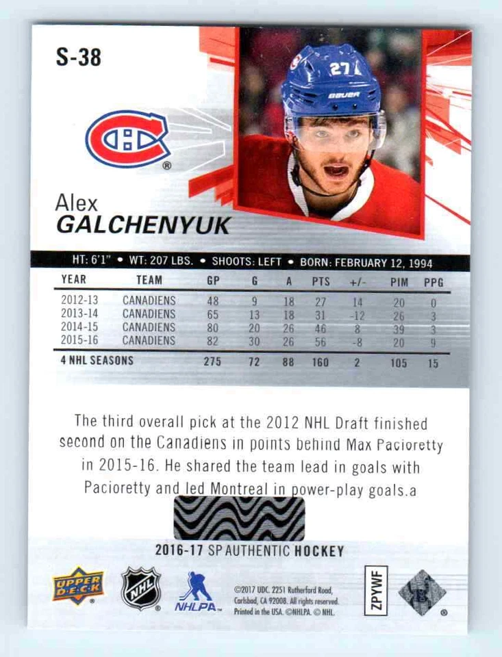 2016-17 SP Authentic Spectrum FX Alex Galchenyuk Montreal Canadiens #S-38 - Image 2 of 2