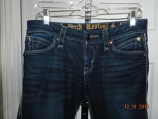 Women's ROCK REVIVAL Leah Boot Blue Jeans Sz 27 Embroidered Fleur-de-lis Pockets