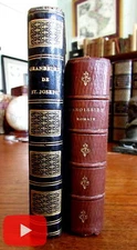 Leather bindings beautiful pair 2 old books 1864-72 hand color plates gilt