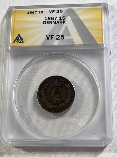 1867 Denmark 1 Skilling Coin Graded VF 25 by ANACS - Picture 2 of 4